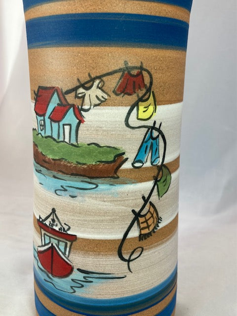 Pottery vase, brown clay, fishing theme.